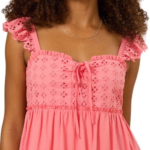 ALTAR'D STATE Dress Tiered Ruffled Ruched Pinafore Back Tie Bow Peach Coral NWOT - Picture 11 of 16